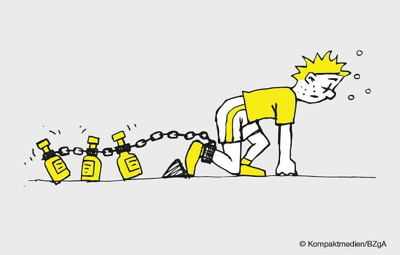 Karikatur: Figur wird von Alkohol gebremst