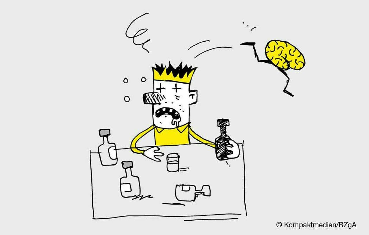 Karikatur: Gehirn springt aus dem Kopf